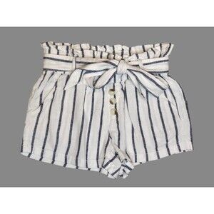 Sincerely Jules Belted Paper Bag Shorts Womens SM Linen White Blue Striped Boho